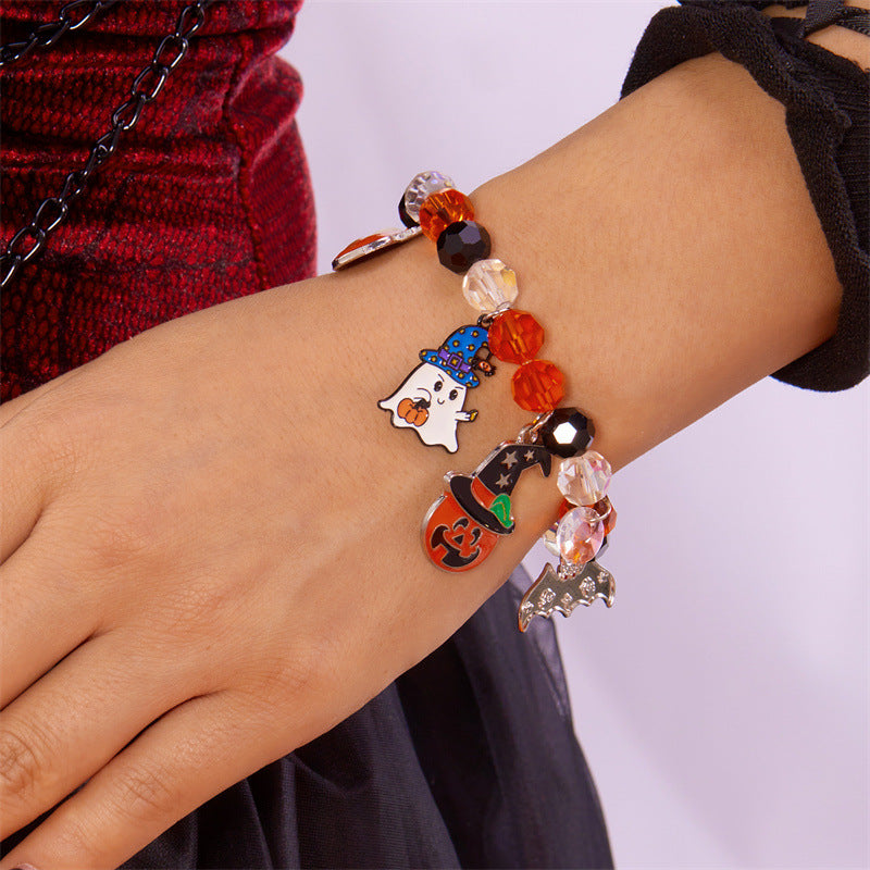 Pulsera de aleación con diseño de gato negro y calavera, temática de Halloween, con cuentas geométricas estilo gótico