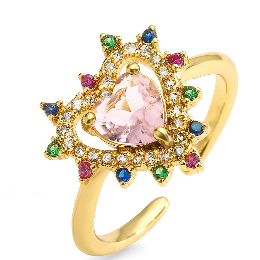 Elegante Anello a Cuore in Rame Placcato Oro 18K con Intarsio di Zirconi per Donne, Fascia Sottile Ispirata al Vintage