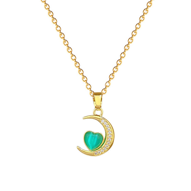 Sweet Minimalist Moon Heart Rhinestone Titanium Steel Necklace for Unisex