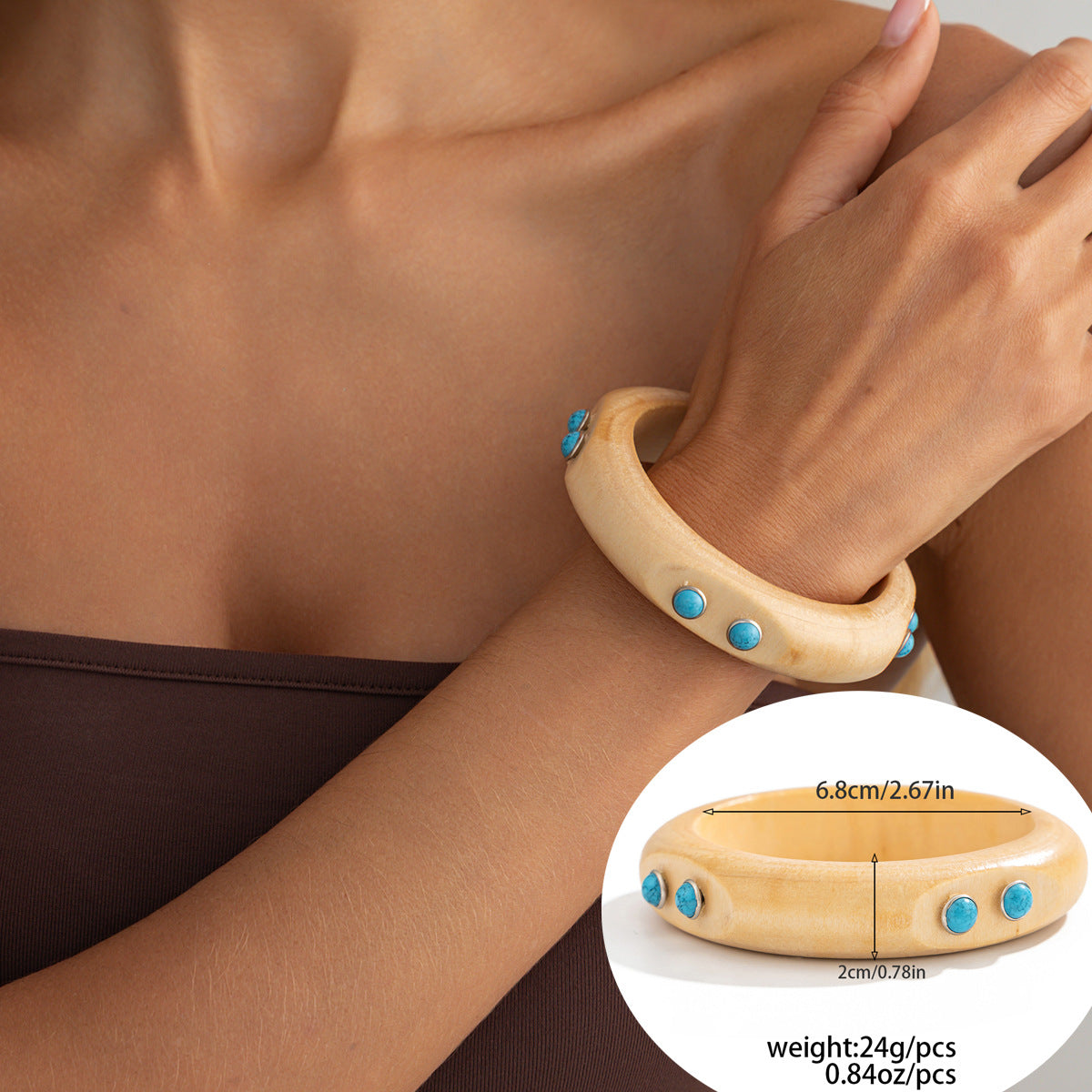 Vintage Ethnic Round Wood Cuff Bracelet Handmade
