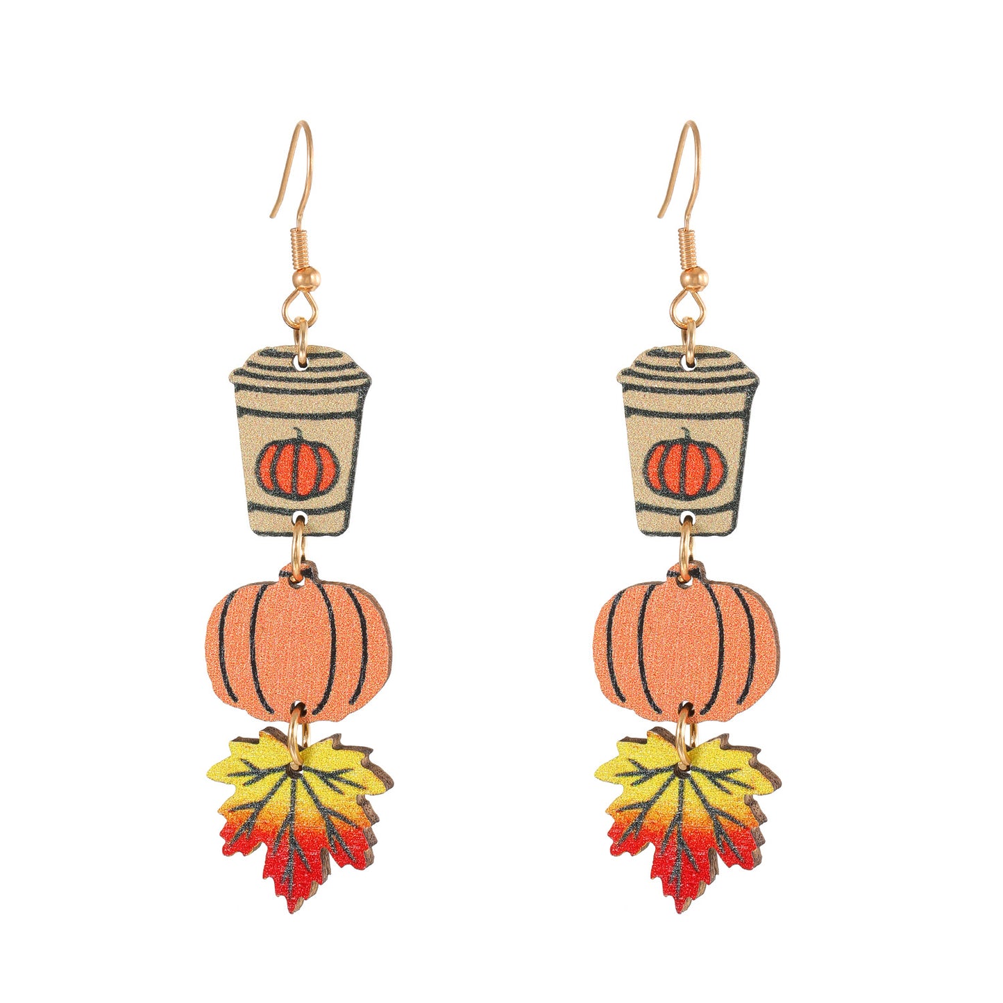 Pendientes colgantes triples de Halloween gótico con gato negro, fantasma y calabaza, con componentes de madera en forma de gota y acabado esmaltado para mujer