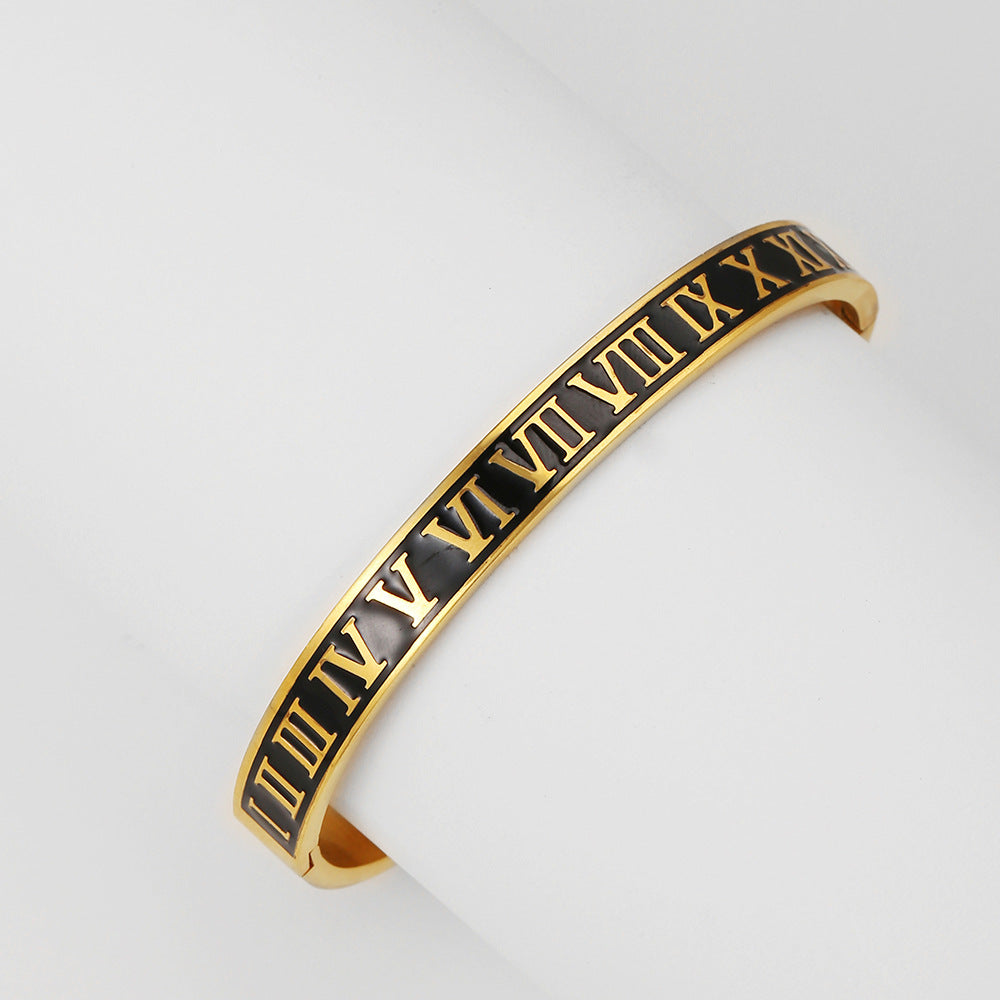 Black Drip Oil Plated Titanium Steel Cuff Bracelet with Roman Numbers and Geometric Round Design for Unisex