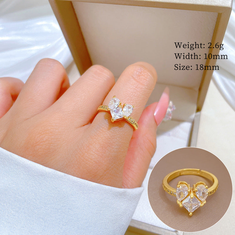 Minimalist Geometric Gold-Plated Brass Open Ring for Women with Crown Shape and Rhinestone Inlay