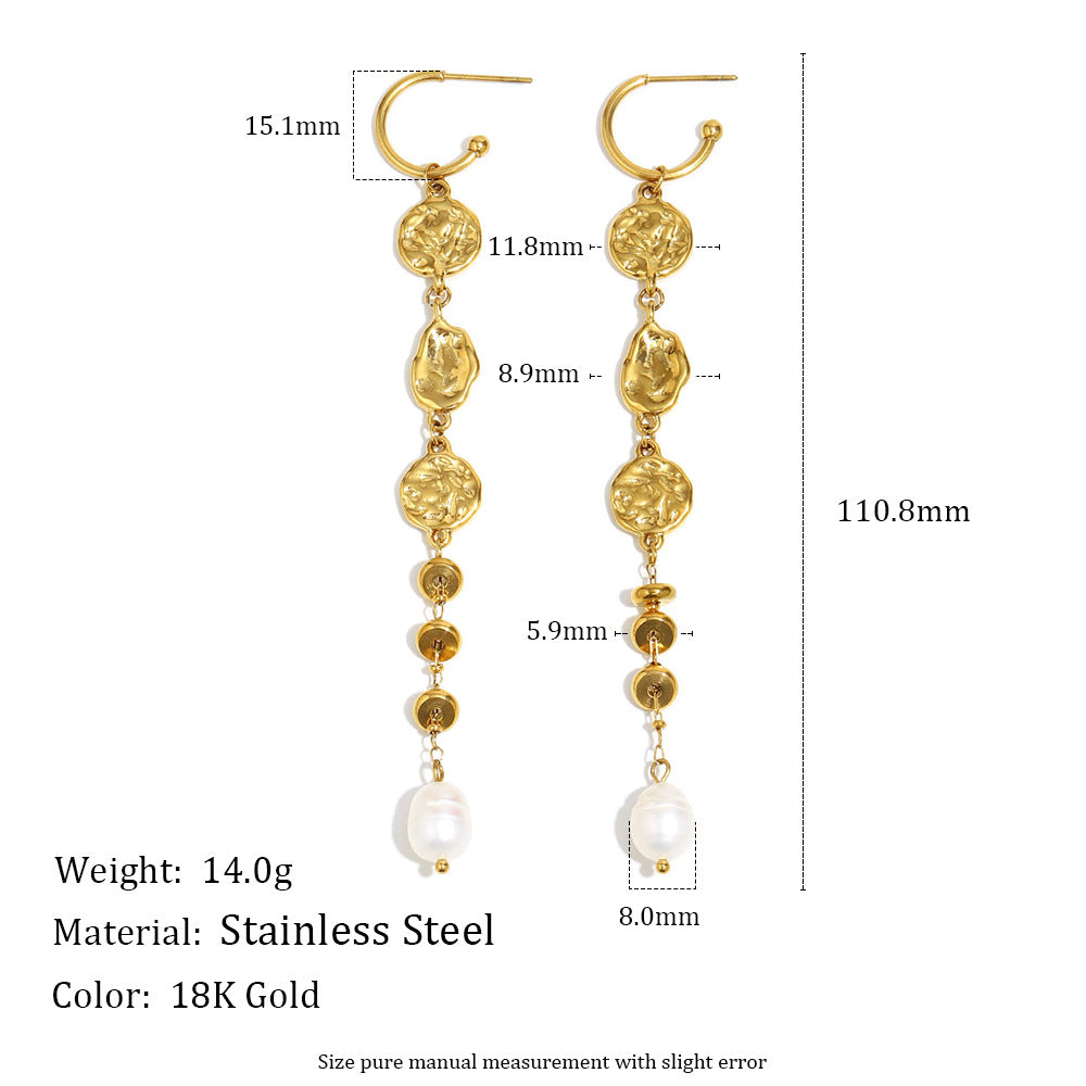 Minimalist Geometric Stainless Steel Earrings with 18K Gold Plating, Hammered Texture, Long Tassel Design, and Pearl Accents for Women
