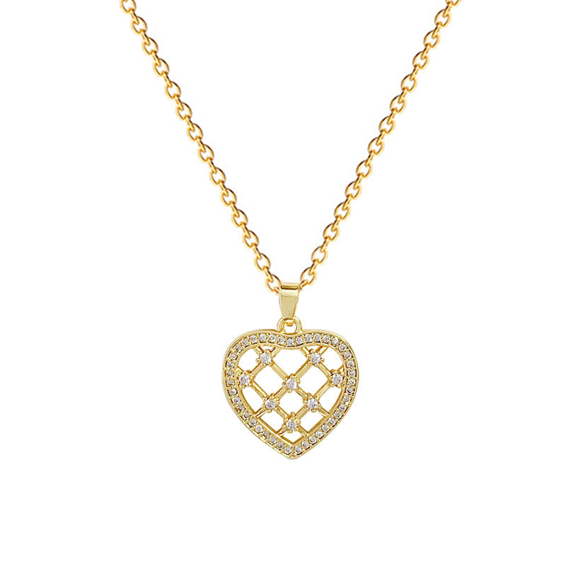Minimalist Hollow Heart Shaped Zirconia Encrusted Necklace for Women Stainless Steel Delicate Clavicle Chain