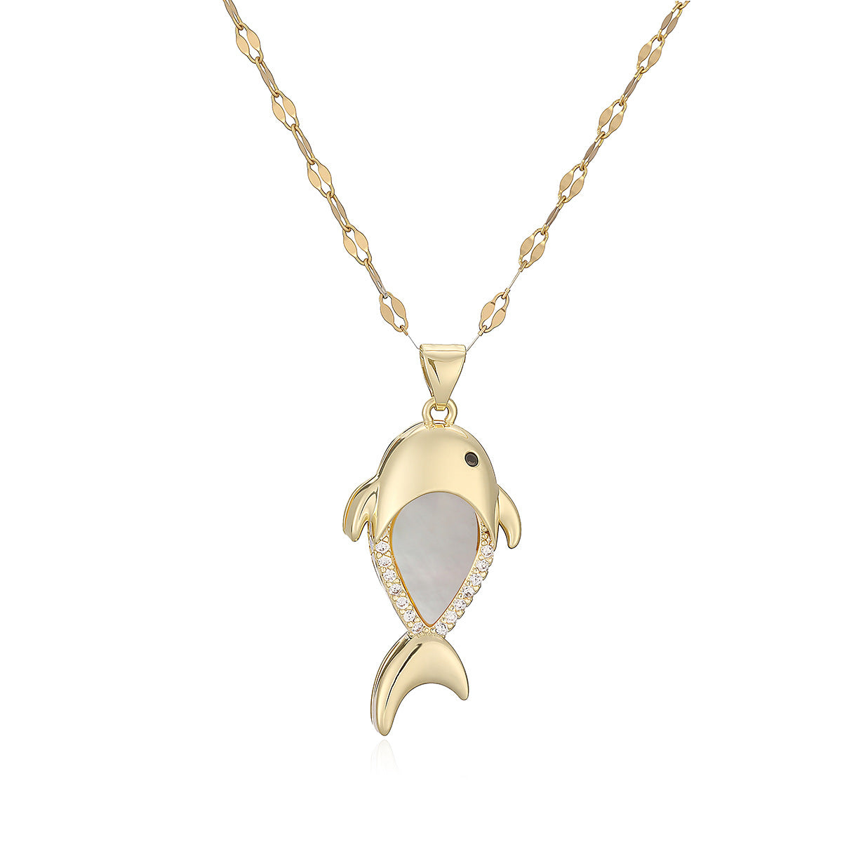 Minimalist 18K Gold Plated Brass Geometric Fish Pendant Necklace with Cubic Zirconia for Women