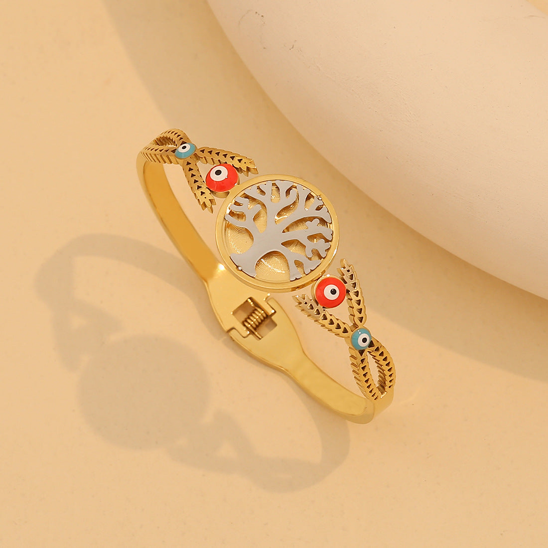Bracciale rigido minimalista "Albero della Vita" con design floreale e ancora in acciaio inossidabile placcato oro