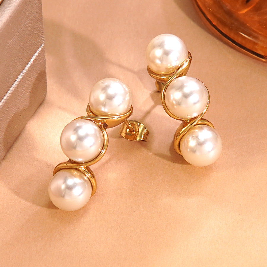Vintage Geometric Round Pearl Plated Stainless Steel Earrings for Women