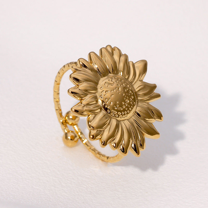 Minimalist Sunflower Floral Adjustable Stainless Steel Ring with Gold Plating for Women