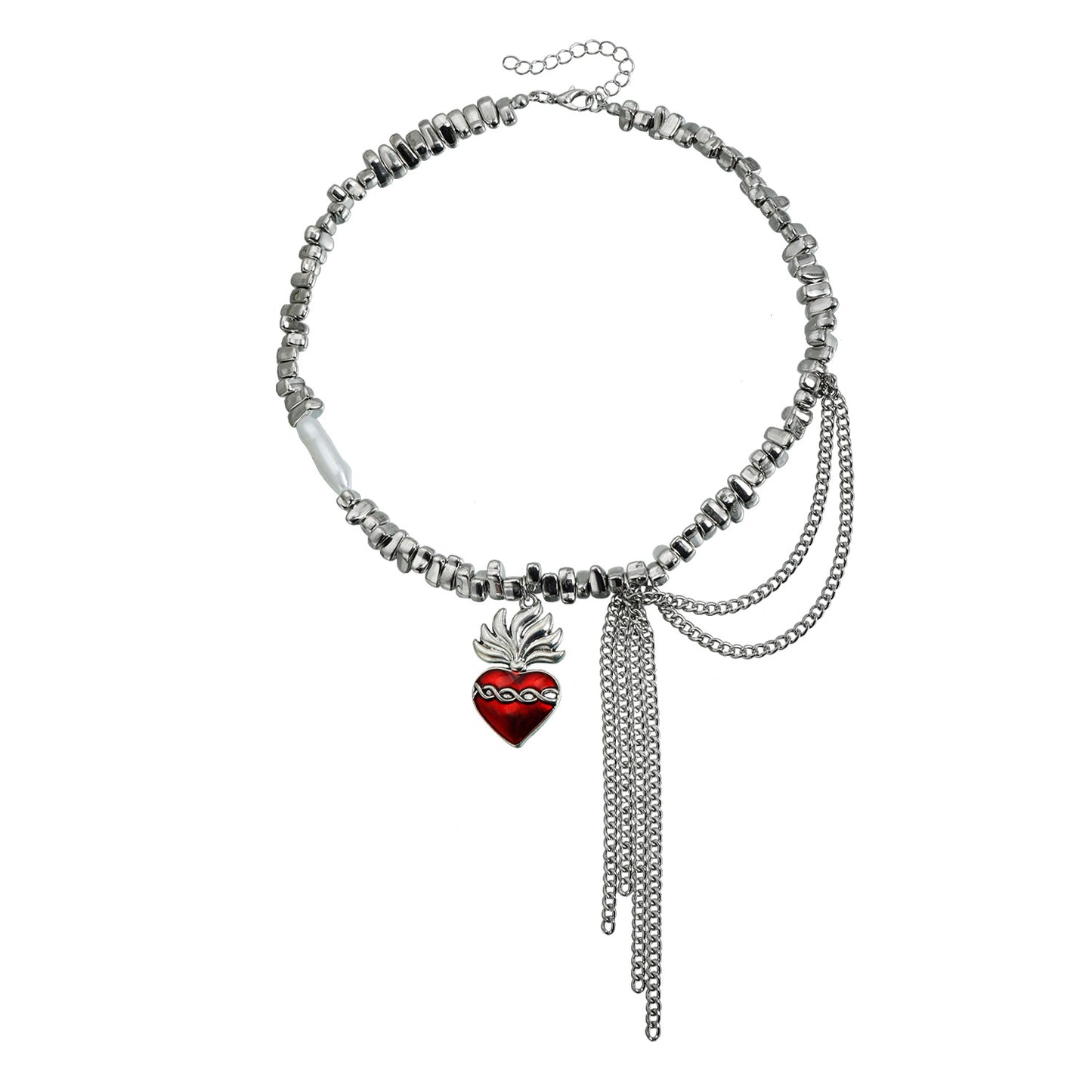 Creative Irregular Heart Geometric Alloy Beaded Necklace with Wheat Tassel for Women