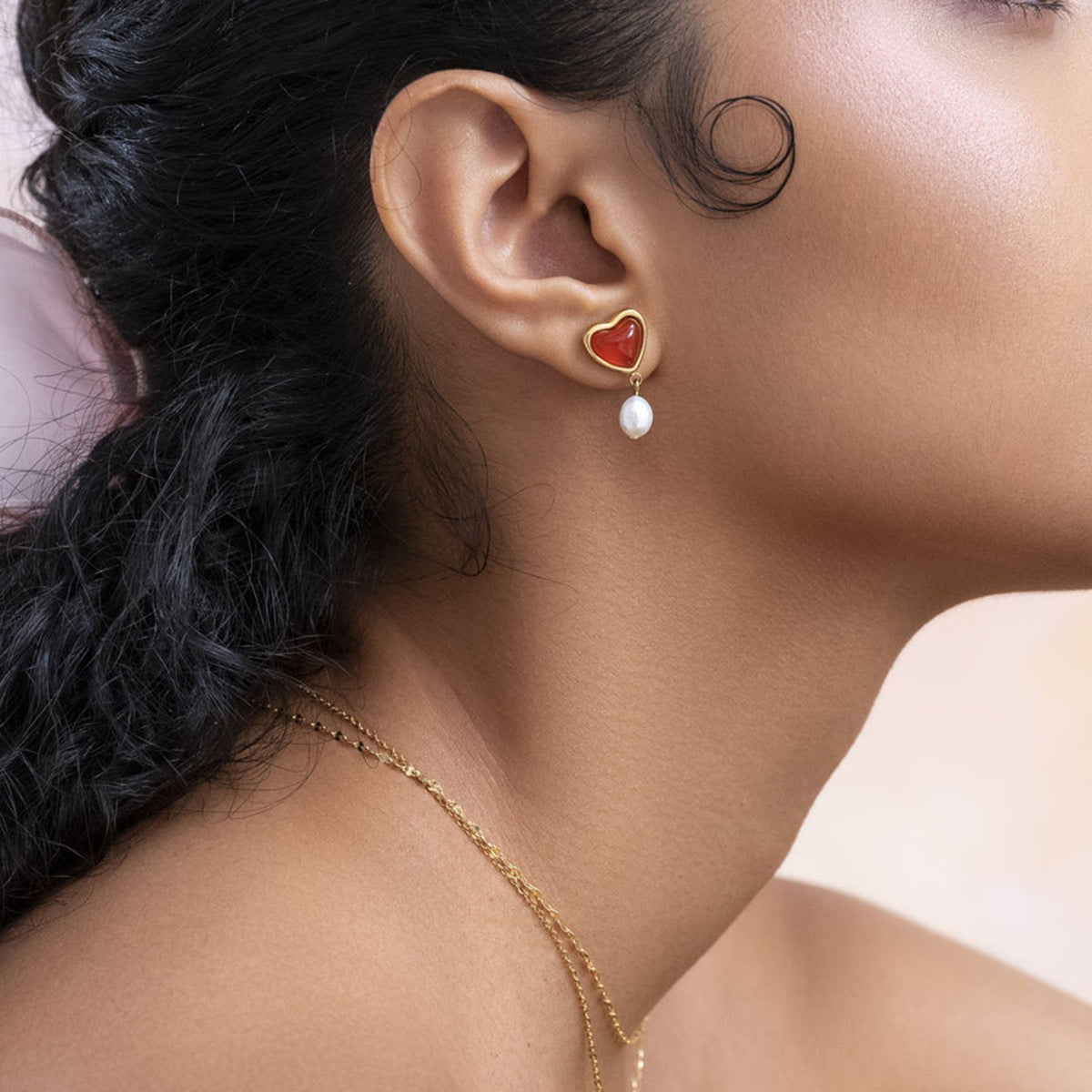 Geometric Stainless Steel Earrings with 18K Gold Plating and Red Agate Heart Inlay for Women