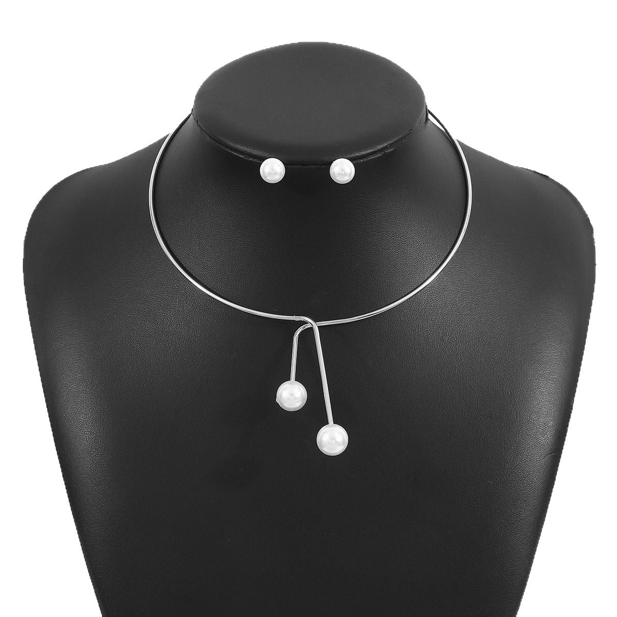 Minimalist Geometric Pearl-Style Pendant Necklace and Earrings Set for Women with Electroplated Iron Base