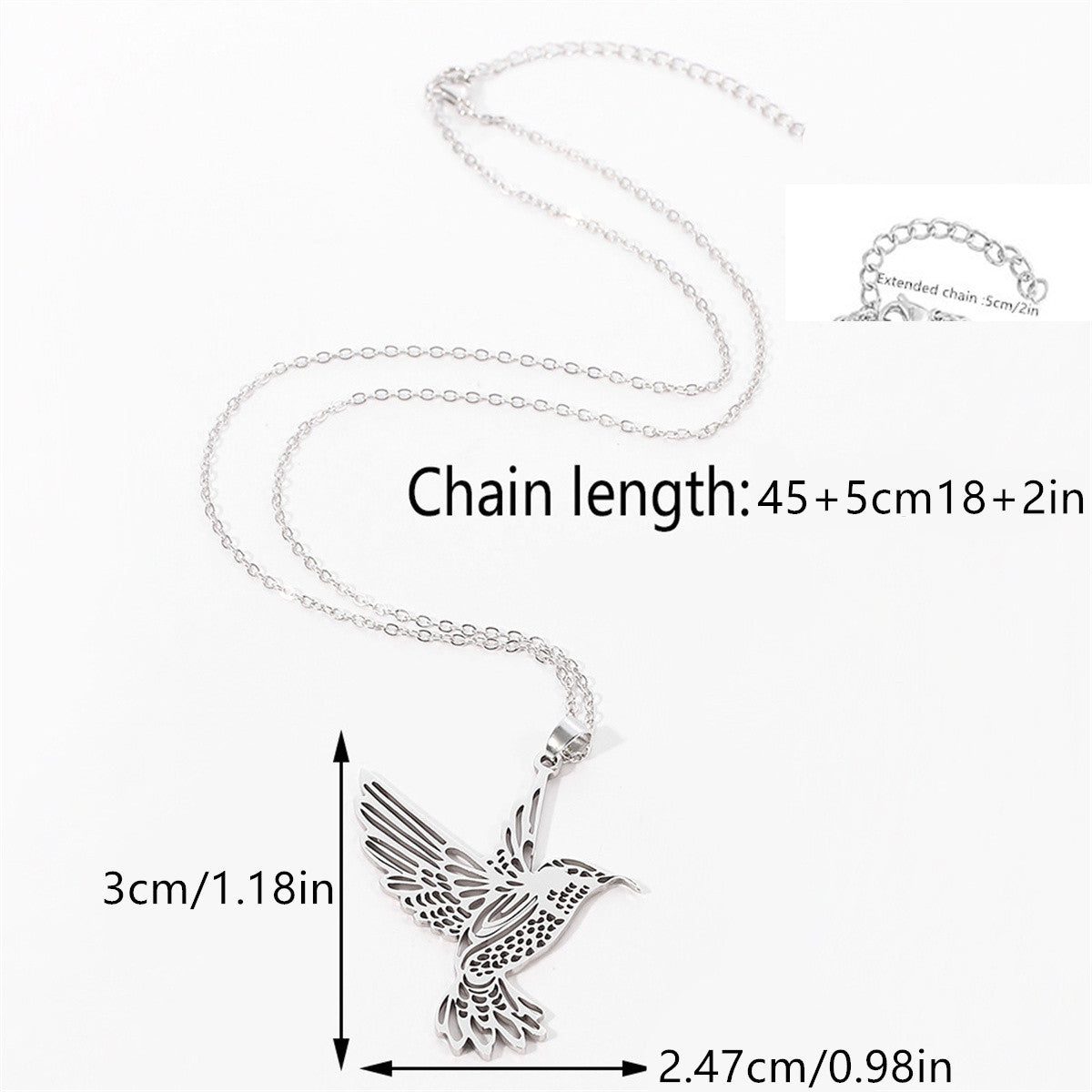 Elegant Hummingbird Pendant Necklace in Stainless Steel with Polished Finish, Geometric Silhouette, Floral Daisy Accent, Minimalist and Feminine Style