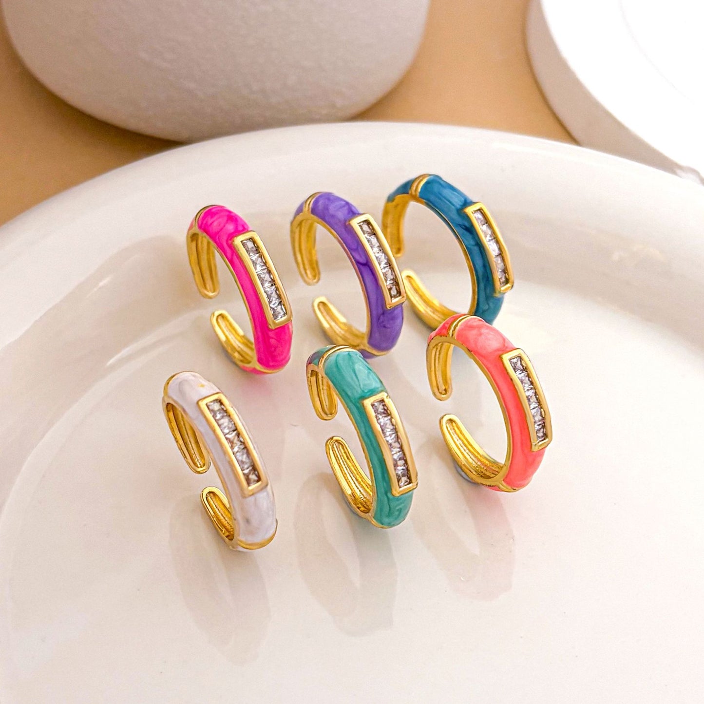 Anillo abierto de esmalte de latón chapado en oro, geométrico cuadrado minimalista para mujer