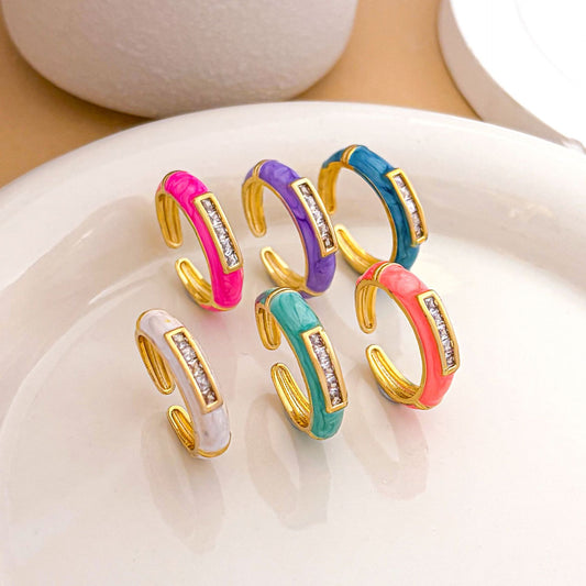 Anillo abierto de esmalte de latón chapado en oro, geométrico cuadrado minimalista para mujer