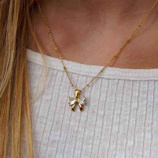 Minimalist Heart Bow Knot Cubic Zirconia Inlay Titanium Steel Necklace for Women