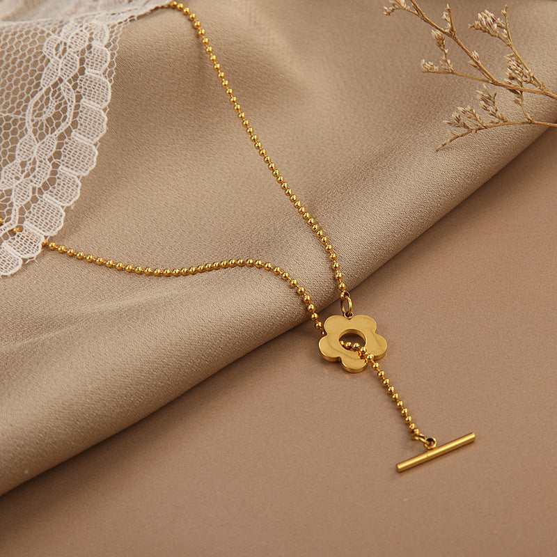 Minimalist Titanium Steel Floral Geometric Pendant Necklace for Women with Gold Plated Finish and Ball Chain