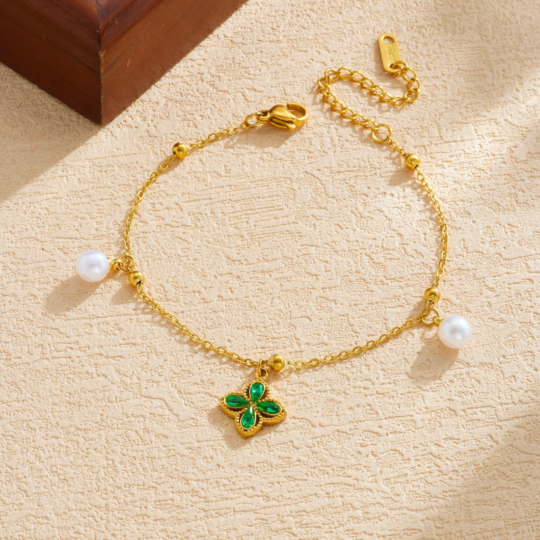 Elegant Business Gold Plated Stainless Steel Square Floral Rhinestone and Imitation Pearl Bracelet