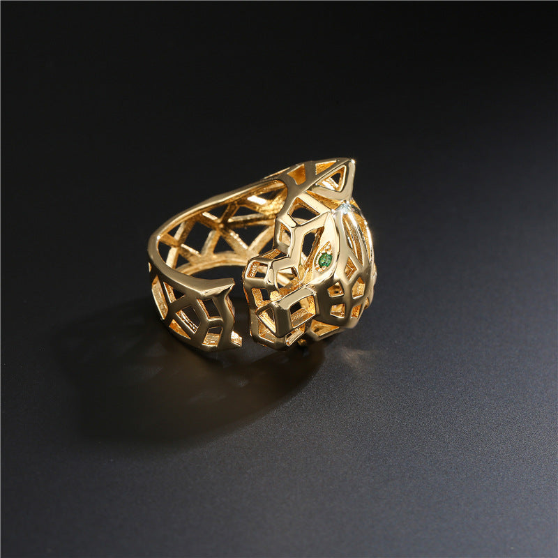 Anello regolabile in rame con motivo leopardato traforato, stile punk, placcato oro 18 carati e incastonatura micro-pavé