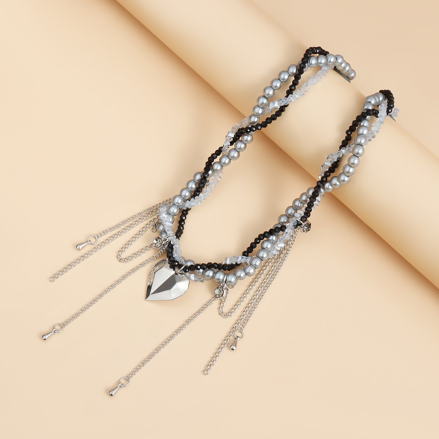 Fashionable Heart-Shaped Alloy Pendant Necklace with Dripping Fringe and Multi-Layer Glass Beads for Women