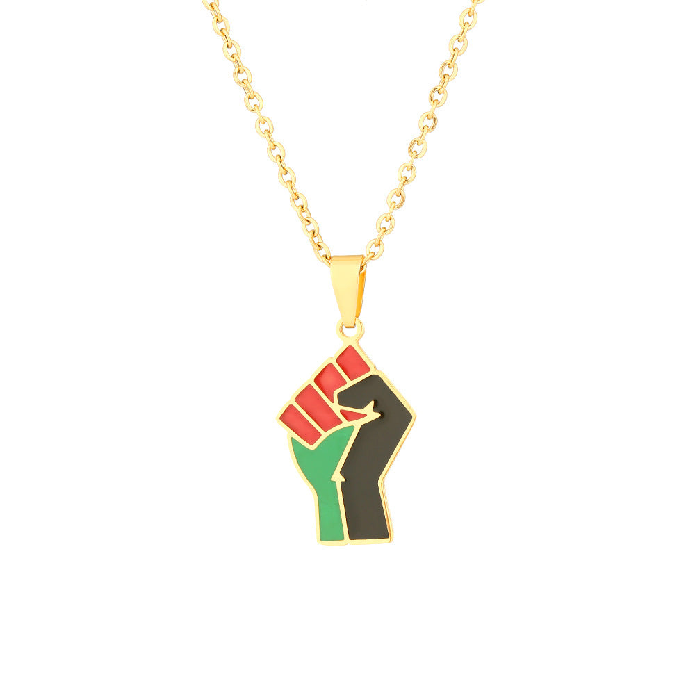 Geometric African Fist Symbol Pendant Necklace in Stainless Steel with Titanium Steel Charm, Electroplated O-Chain, Unisex Fashion Accessory