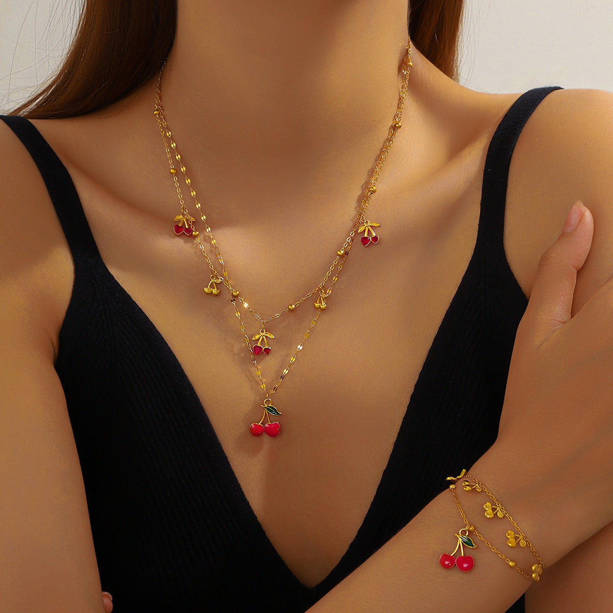 Minimalist Sweet Drip Oil Plated Stainless Steel Rhinestone Cherry Fruit Pendant Necklace and Bracelet Set with Singapore Chain for Women