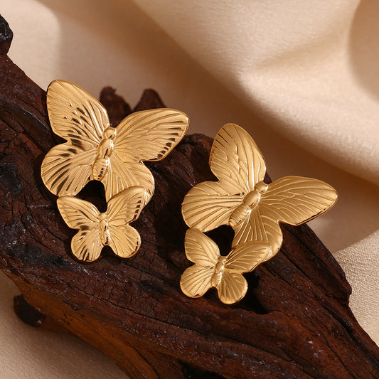 Pendientes de mariposa de moda vintage para mujer de acero inoxidable con chapado en oro de 18 quilates