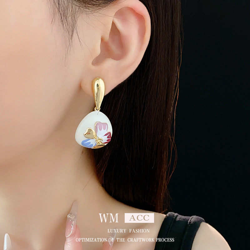 Vintage Floral Geometric Alloy Earrings with Enamel Finish and Steel Posts for Women
