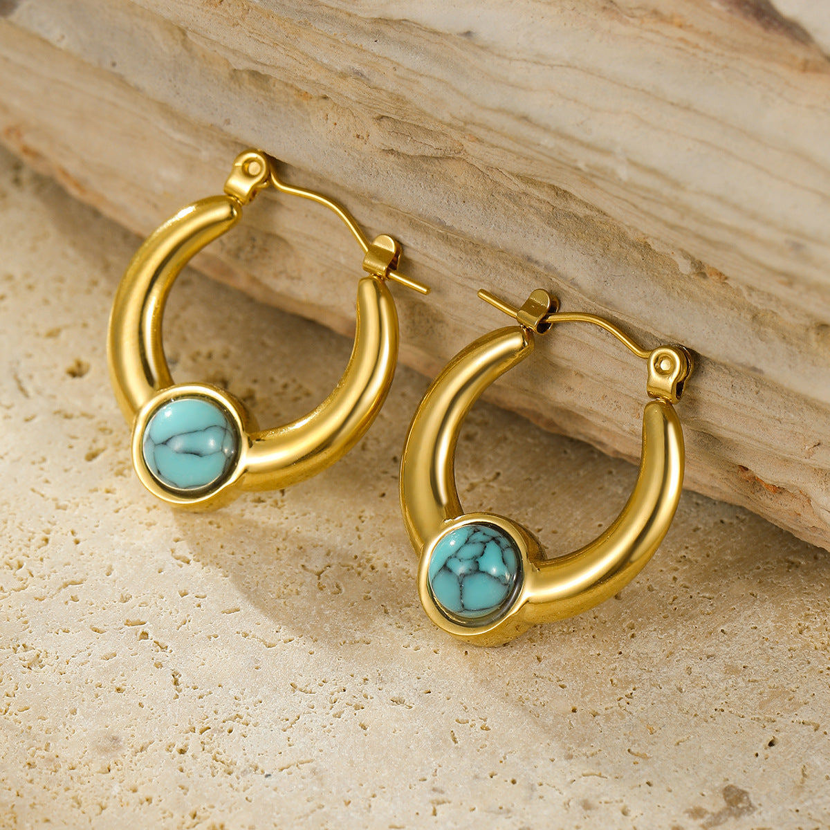 Vintage Style U-Shaped Titanium Steel Earrings with 18K Gold Plating and Natural Stone Inlay for Women
