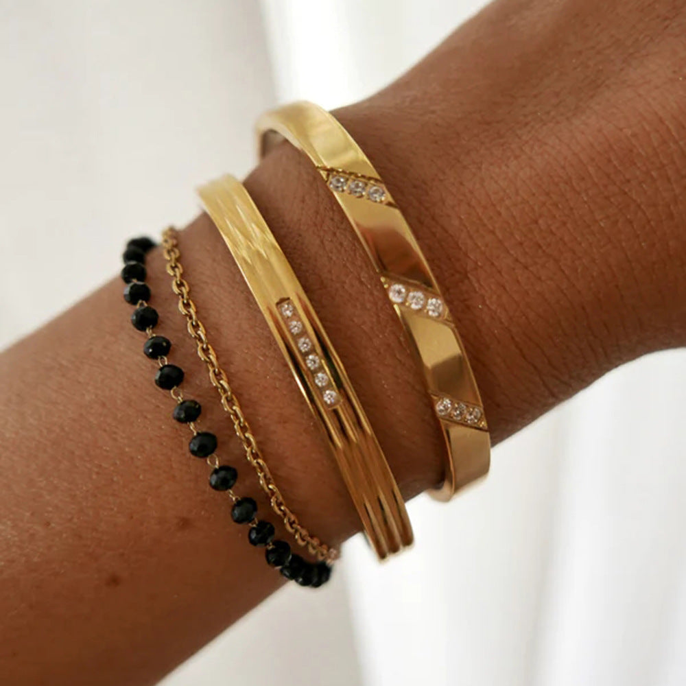 INS Style Geometric Stainless Steel Bracelet with 18K Gold Plating and White Zircon Inlay