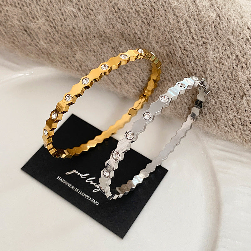 Minimalist Luxury Geometric Cubic Zirconia Plated Titanium Steel Half Bangle