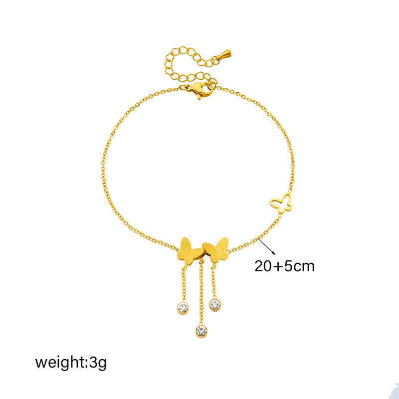 Minimalist Vintage Butterfly-Shaped Stainless Steel Anklet with Matte Finish, Hollow-Out Design and Rhinestone Accents
