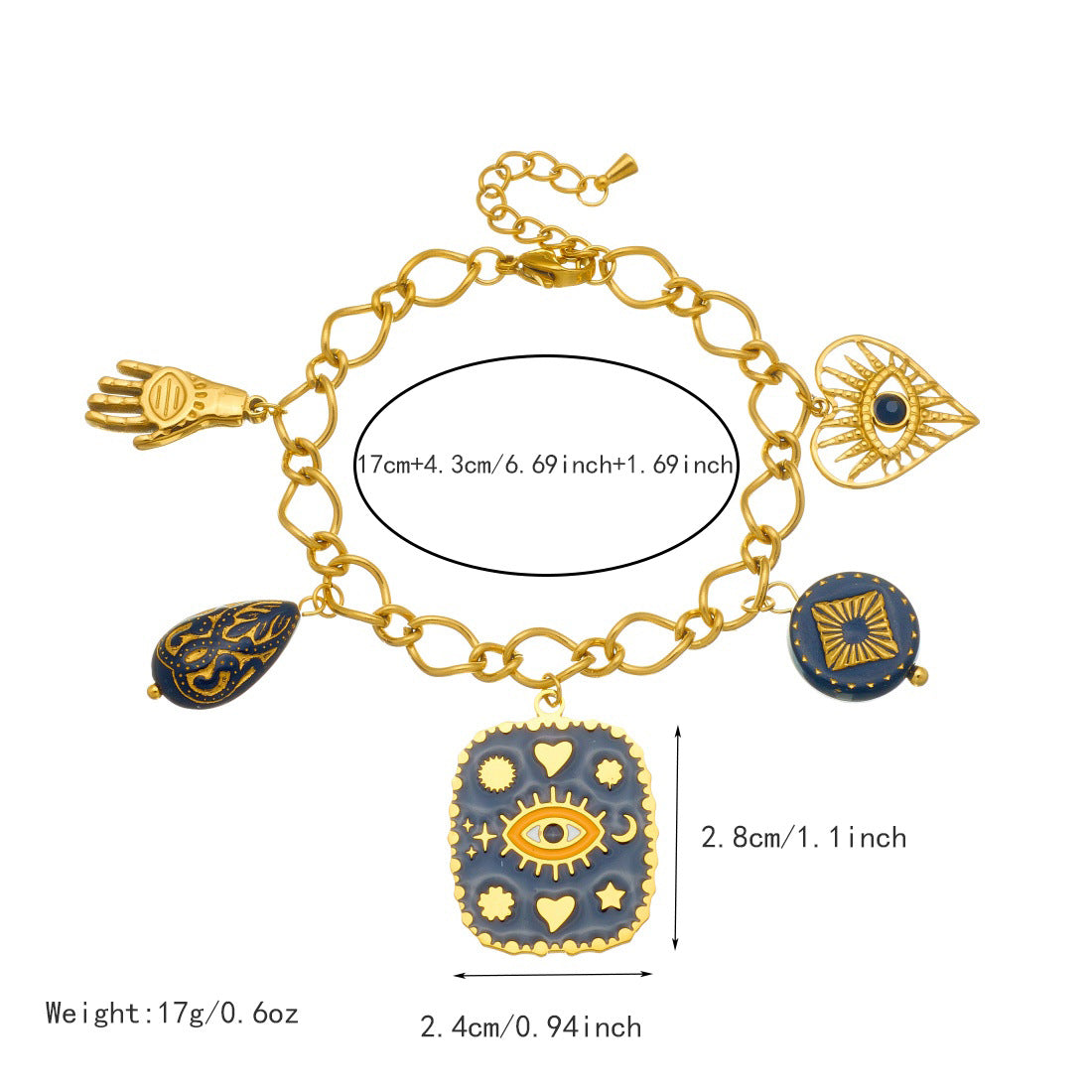 Vintage Gold Plated Heart Geometric Evil Eye Carved Hollow Pendant Bracelet for Women