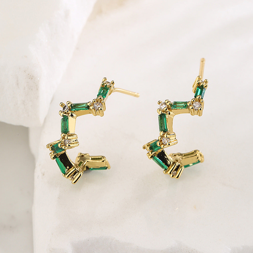 Geometric Earrings for Women in Copper with 18K Gold Plating and Green Zirconia, Fashion-Forward Minimalist Design