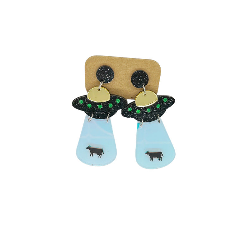 Pendientes de platillo volador alienígena OVNI con luna, estrella, vaca, gato y arco iris de acrílico extragrande para mujer con detalle cortado a láser