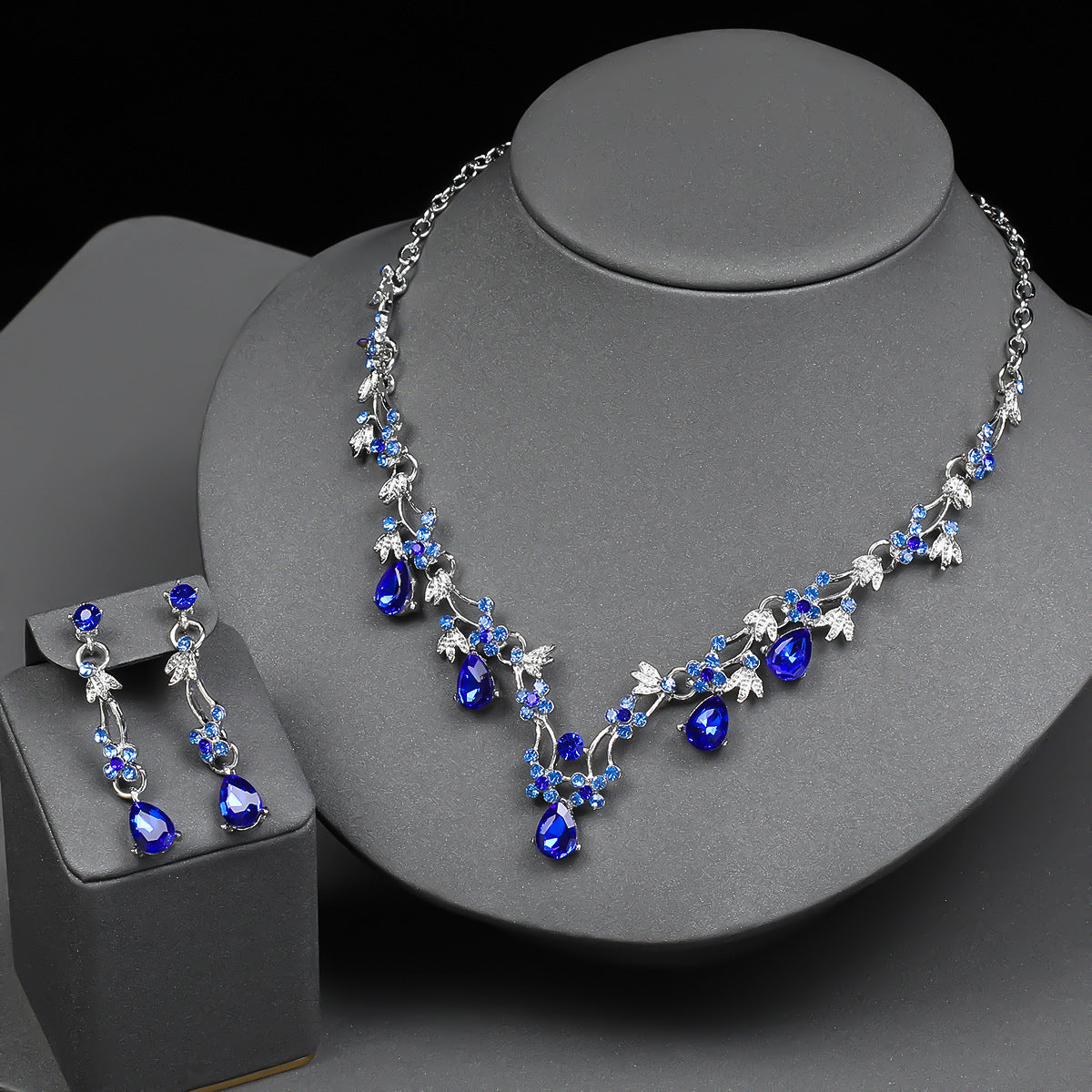 Charming Floral Wedding Necklace and Earrings Set for Women with Rhinestone Accents, Alloy Pendant and Chain, Plated Finish, O-Chain Style, Cherry Blossom Petal and Olive Branch Design