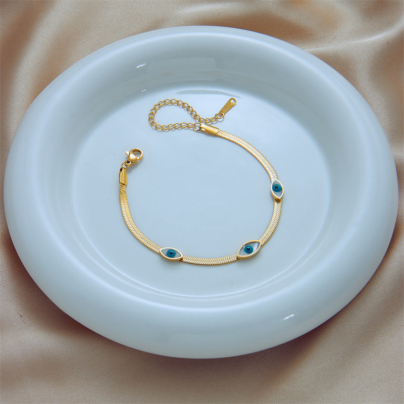 Minimalist Retro Oval Blue and White Eye Titanium Steel Plated Bracelet for Women