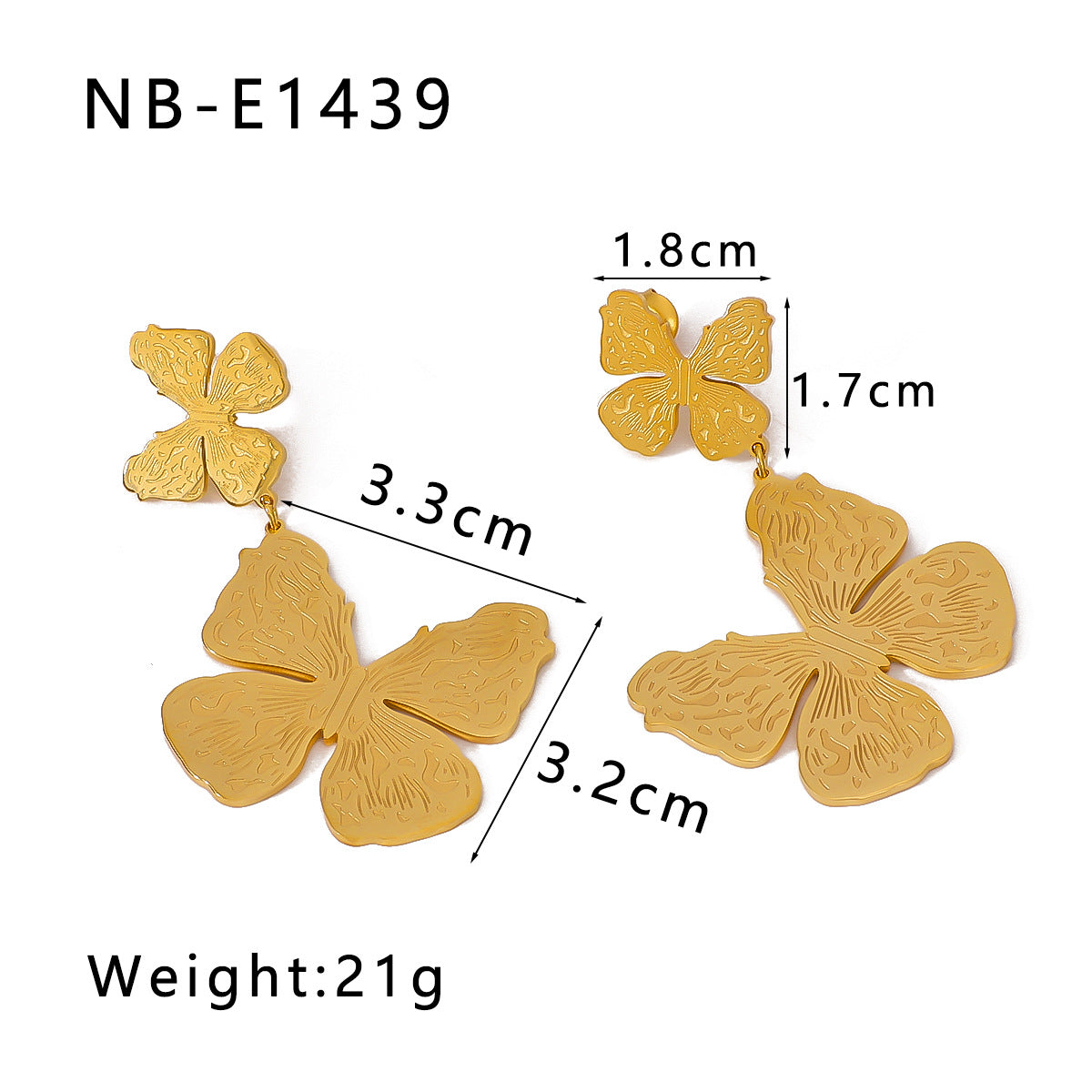 Orecchini da donna in acciaio inossidabile placcati oro 18 carati con farfalle e fiori in stile francese, intarsi in strass e perle