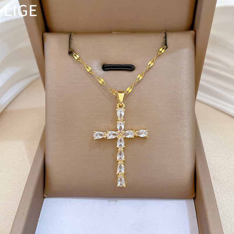 Sweet Teardrop Cross Rhinestone Titanium Steel Necklace for Unisex