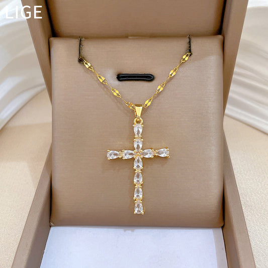 Sweet Teardrop Cross Rhinestone Titanium Steel Necklace for Unisex