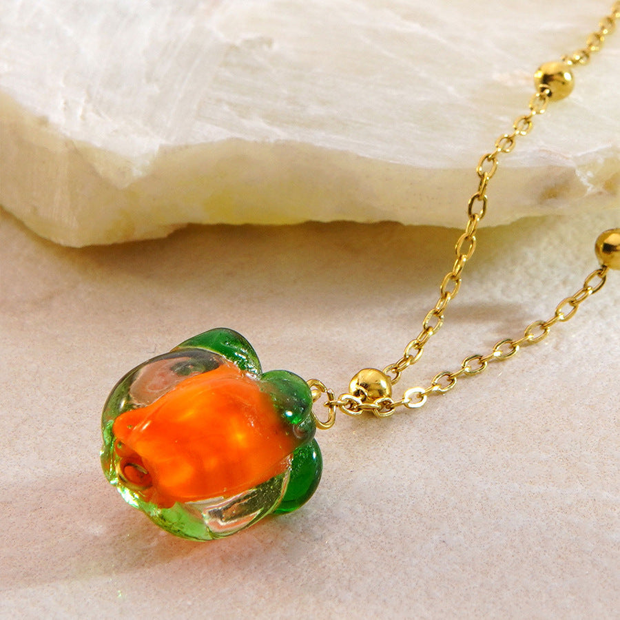 Sweet Stainless Steel Plated Fruit Pumpkin Pendant Necklace and Earring Set with Cable Chain