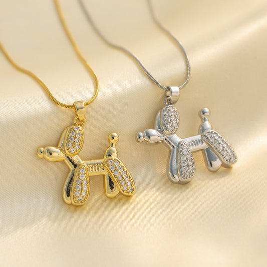 Simpatica Collana con Ciondolo a Forma di Cane Palloncino da Donna in Acciaio al Titanio con Intarsio di Strass, Girocollo Minimalista Stile Coreano con Catena a Serpente