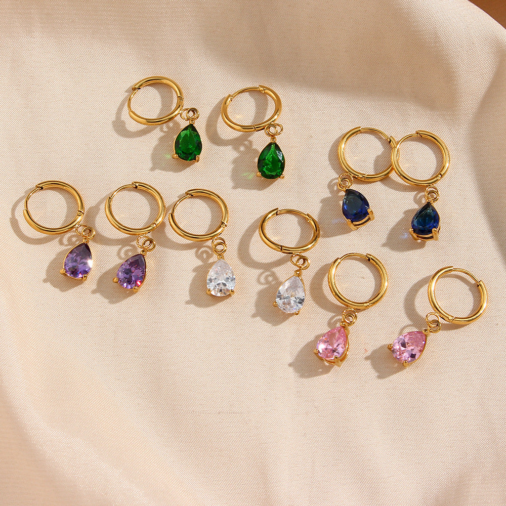 Pendientes geométricos de acero inoxidable a la moda con chapado en oro de 18 quilates y detalles de circonita en forma de lágrima para mujer