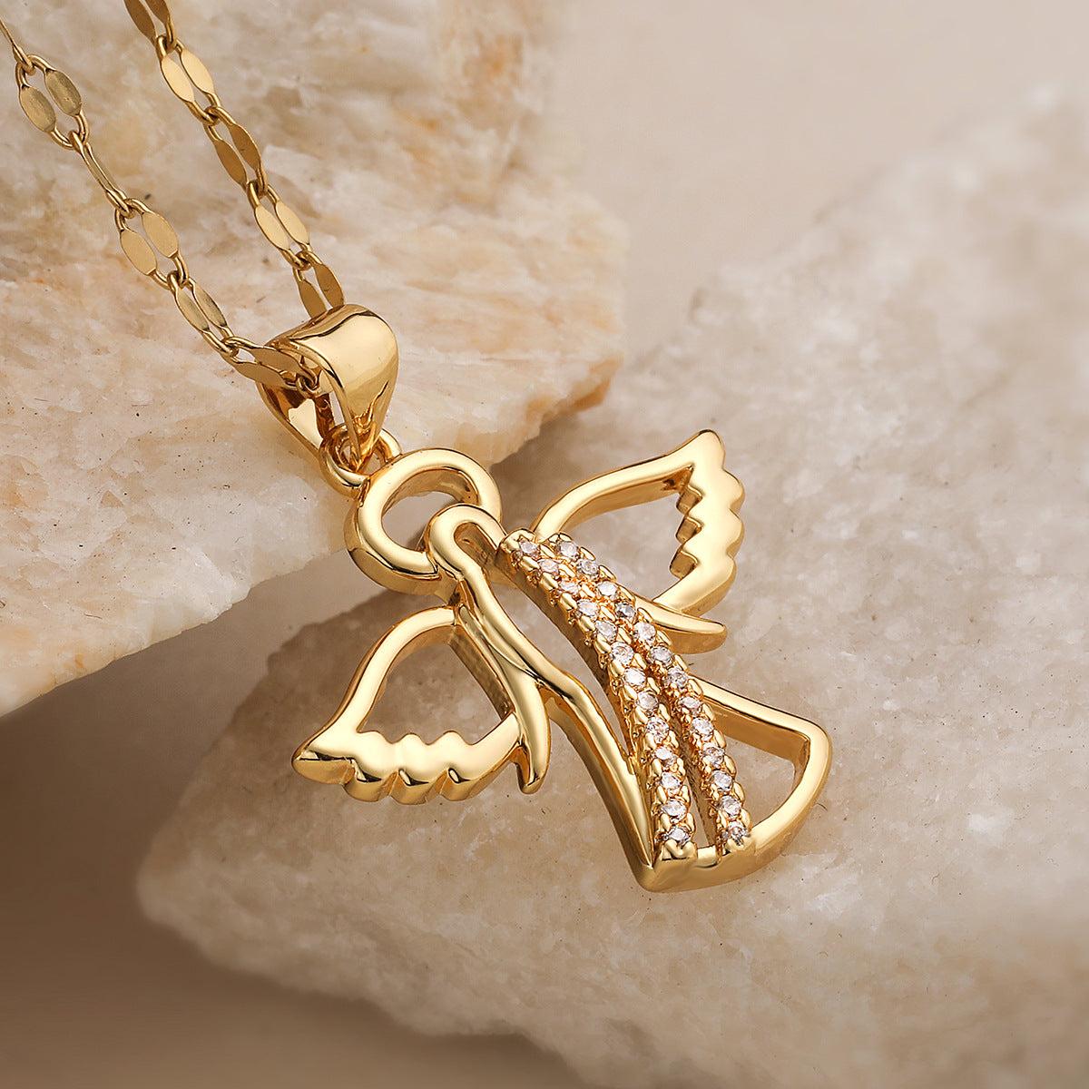 Minimalist 18K Gold Plated Brass Geometric Cubic Zirconia Inlay Angel Wing Pendant Necklace for Women