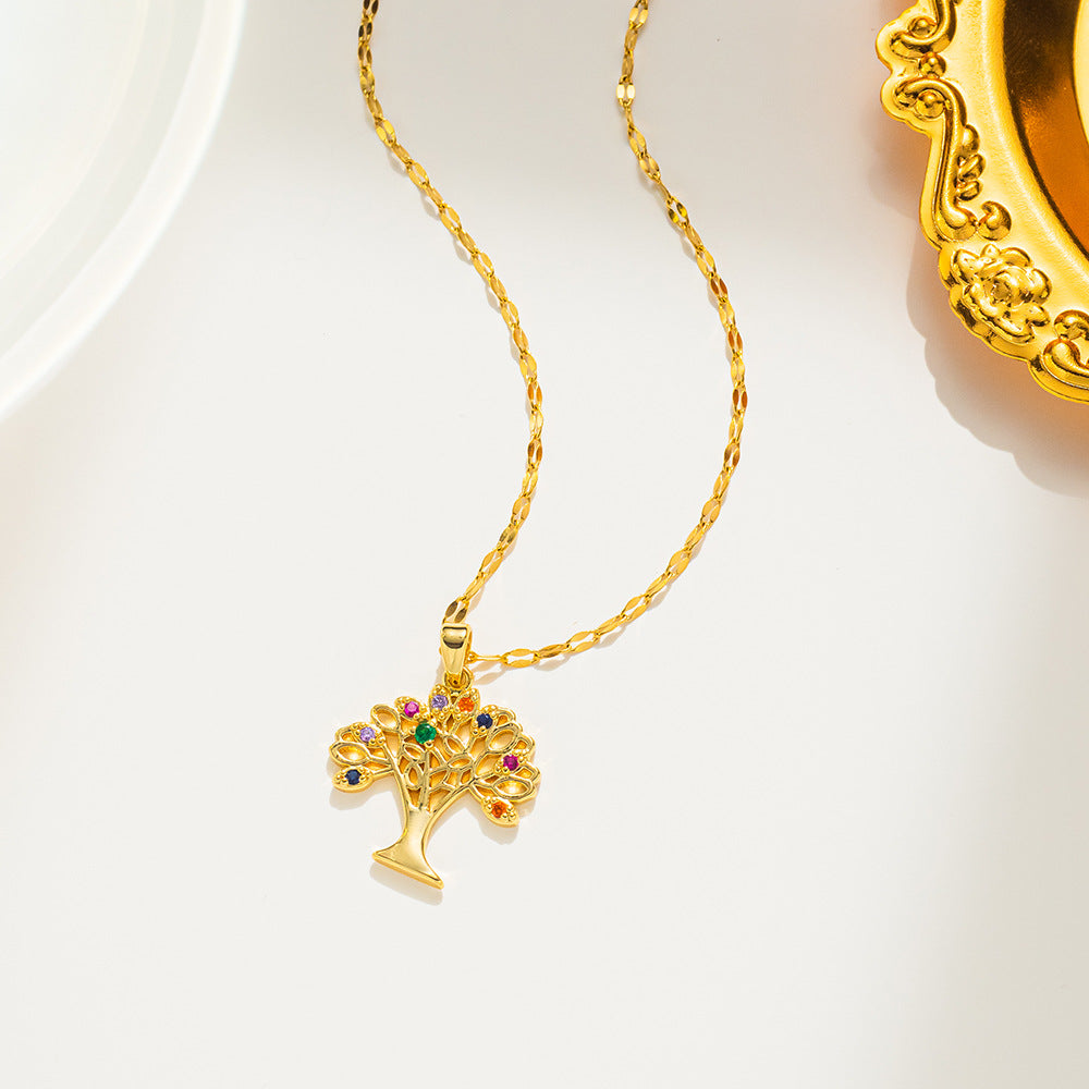 Collana con ciondolo Albero della Vita Natural Style da donna in acciaio al titanio con zirconi cubici micro-incastonati su catena ondulata