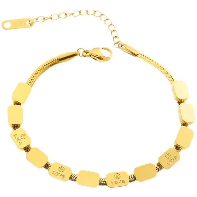 Minimalist Geometric Square Stainless Steel Plated Snake Chain Bracelet for Women