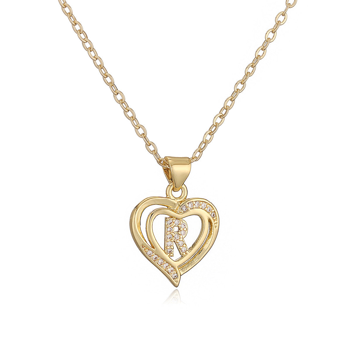 Collana con Pendente Minimalista in Rame, Placcatura in Oro 18K e Dettagli in Zircone a Forma di Cuore e Lettera per Donne