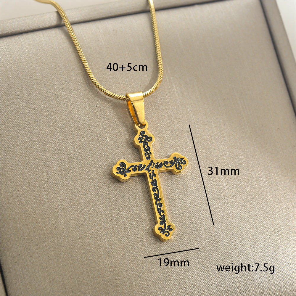 Collana con pendente a croce in stile vintage in acciaio inossidabile con intarsio di strass e placcatura in oro, unisex