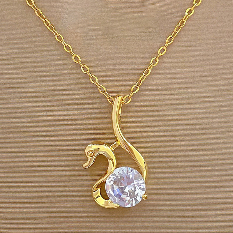 Collana con ciondolo a cigno in acciaio al titanio, lusso minimalista, con intarsio in strass, da donna, a forma di medaglione geometrico con catena