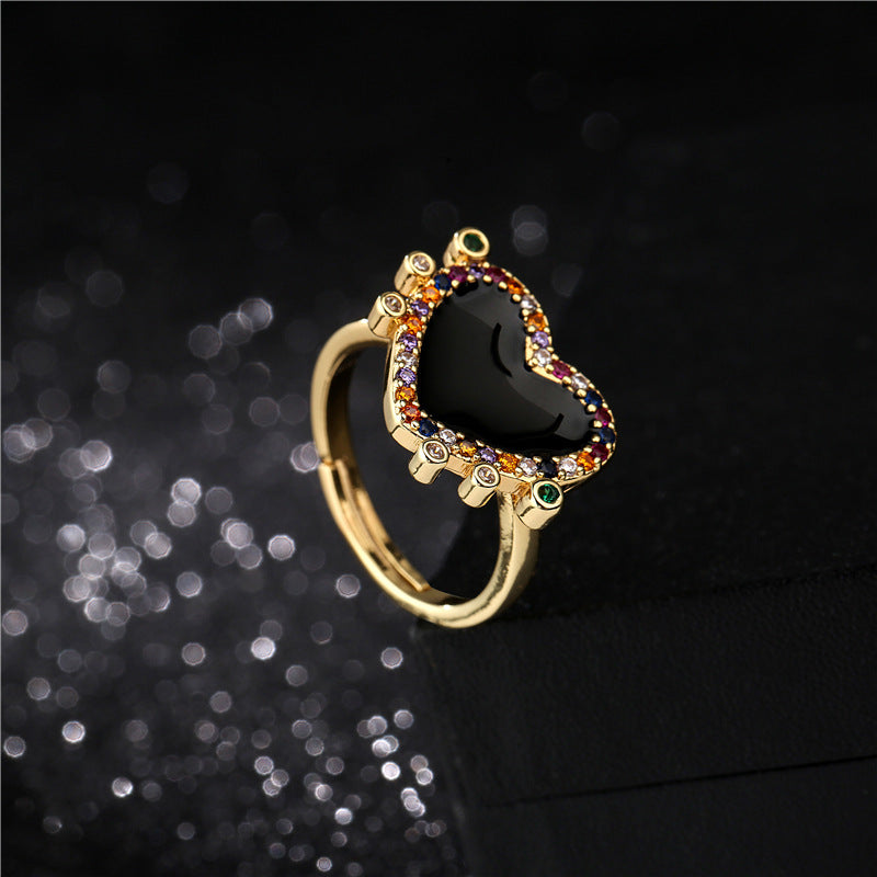 Colorful Drip Oil Heart Geometric Brass Ring with Micro-inlaid Cubic Zirconia for Women